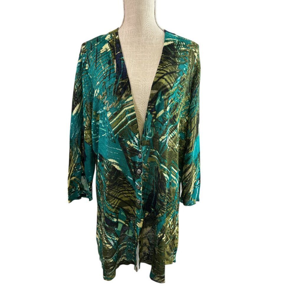 NIC + ZOE Linen Blend Cardigan Sweater Button Front Tropical Print Sz 2X